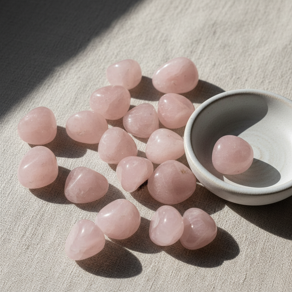 Polished Rose Quartz tumble stones arranged on a neutral linen surface