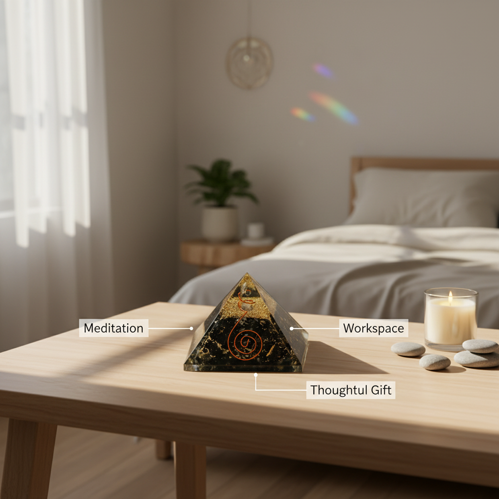 Natural 7 Chakra crystal pyramid displayed in a meditation and workspace setting