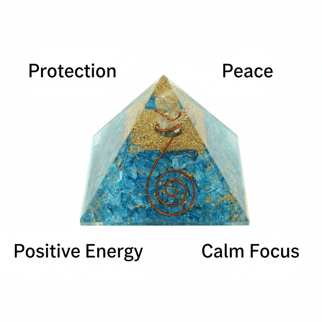 Turquoise Firoza crystal pyramid with protection, peace, positive energy and calm focus labels