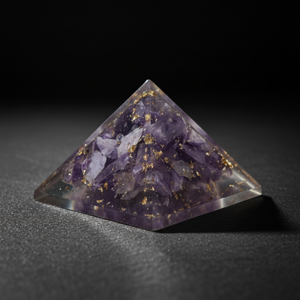 Purple amethyst pyramid on a dark stone surface with a black studio background