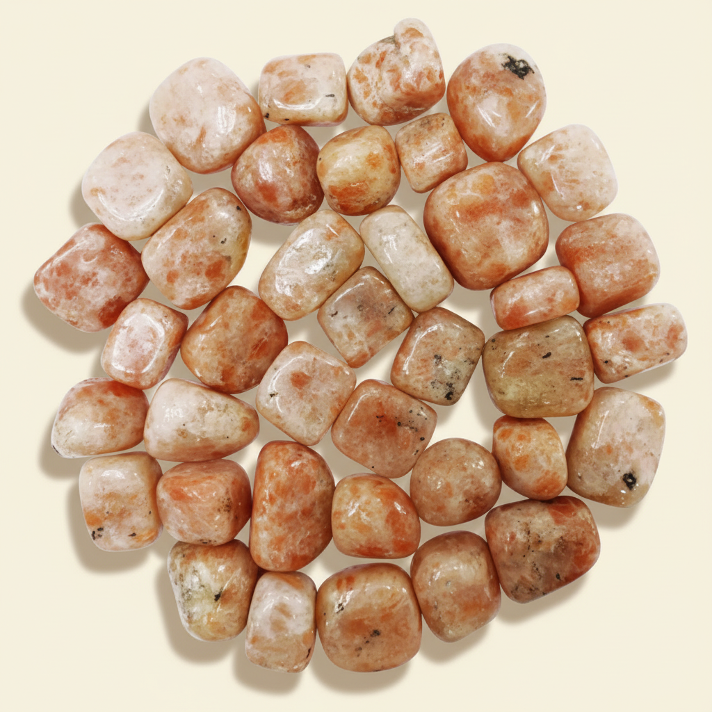 Polished Sunstone tumble stones arranged on a warm ivory background