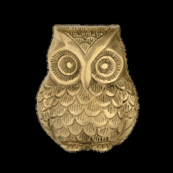 Front view of the antique gold-bronze owl decor piece