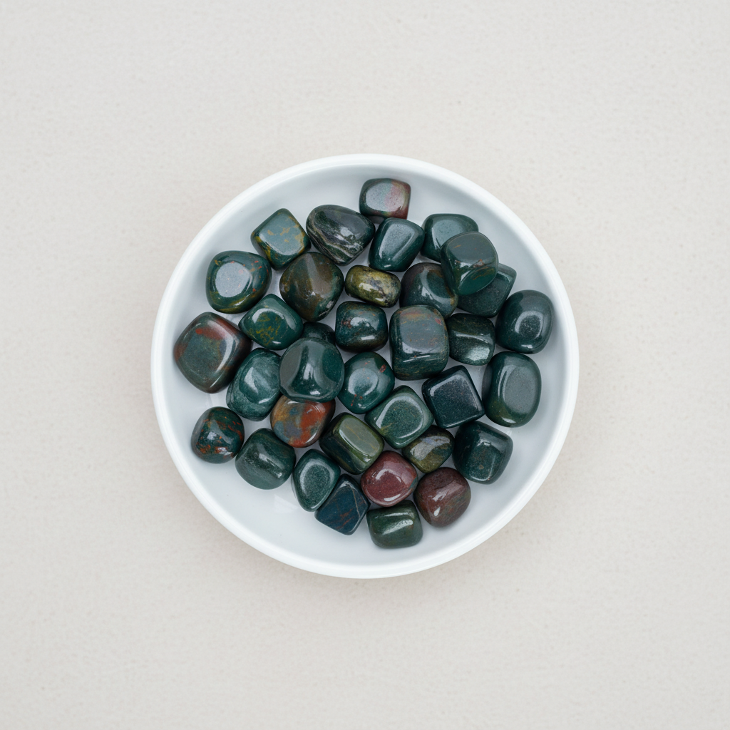 Bloodstone tumble stones arranged in a white ceramic dish