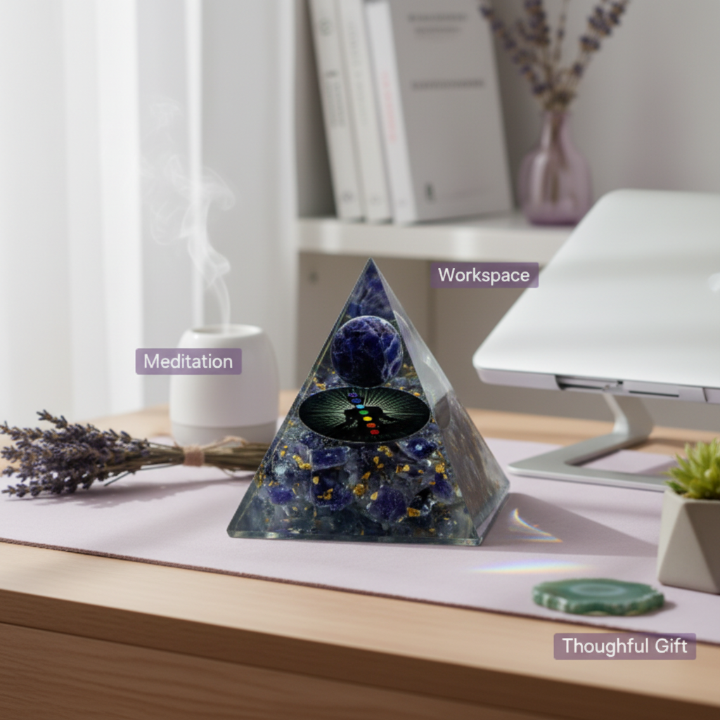 Amethyst crystal pyramid displayed in a meditation and workspace setting