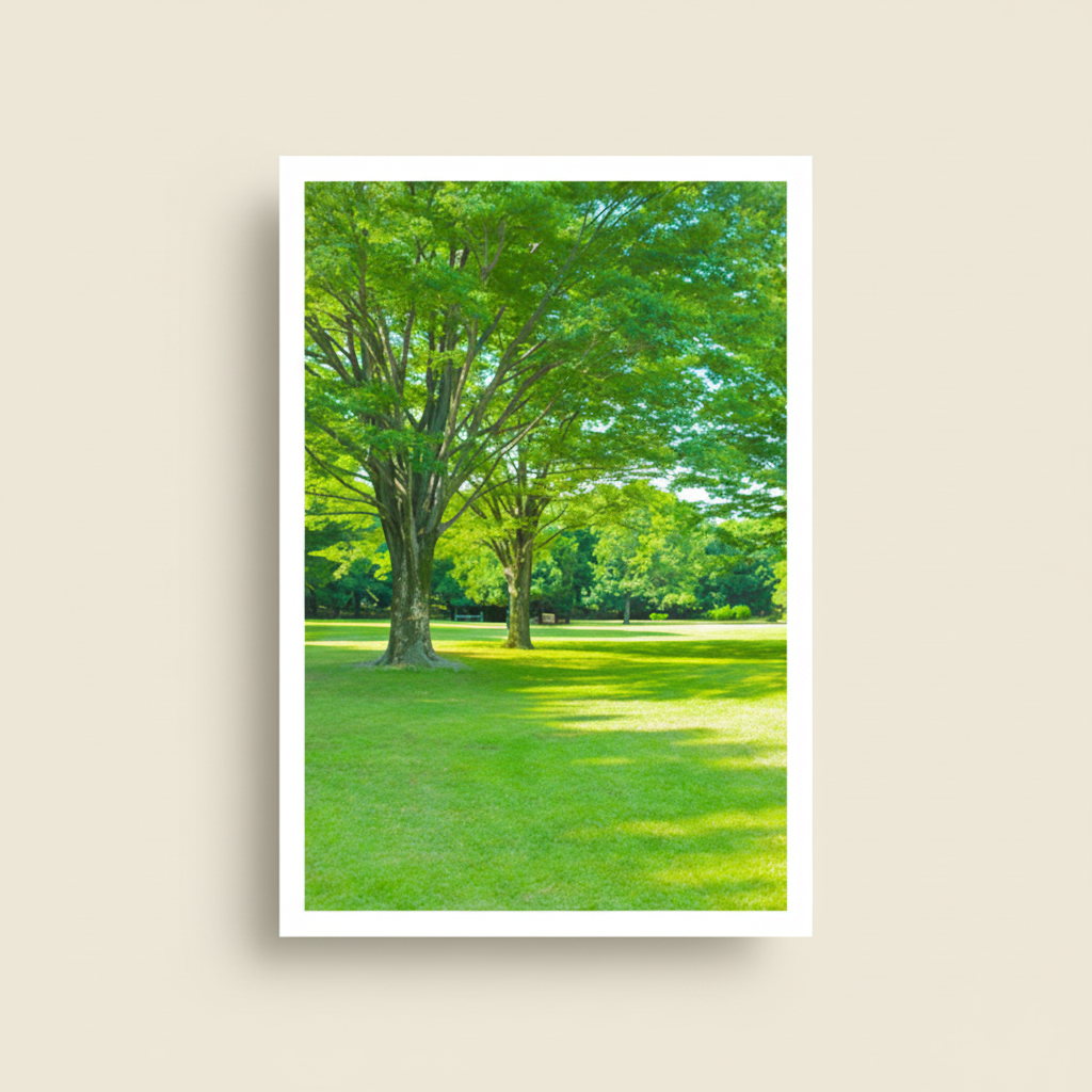 GREEN-LUSH green park landscape poster displayed on a warm ivory studio background