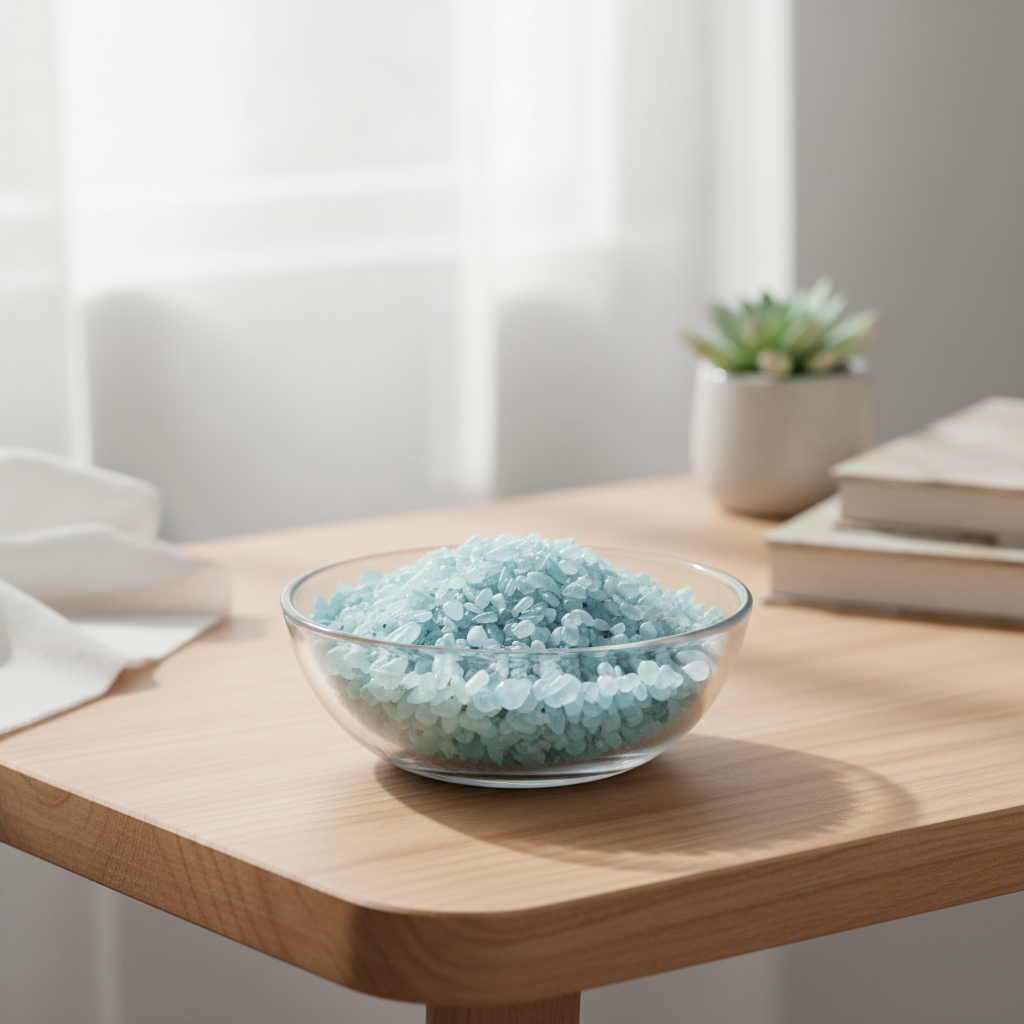 Aquamarine tumbled stones displayed in a glass dish on a calm workspace