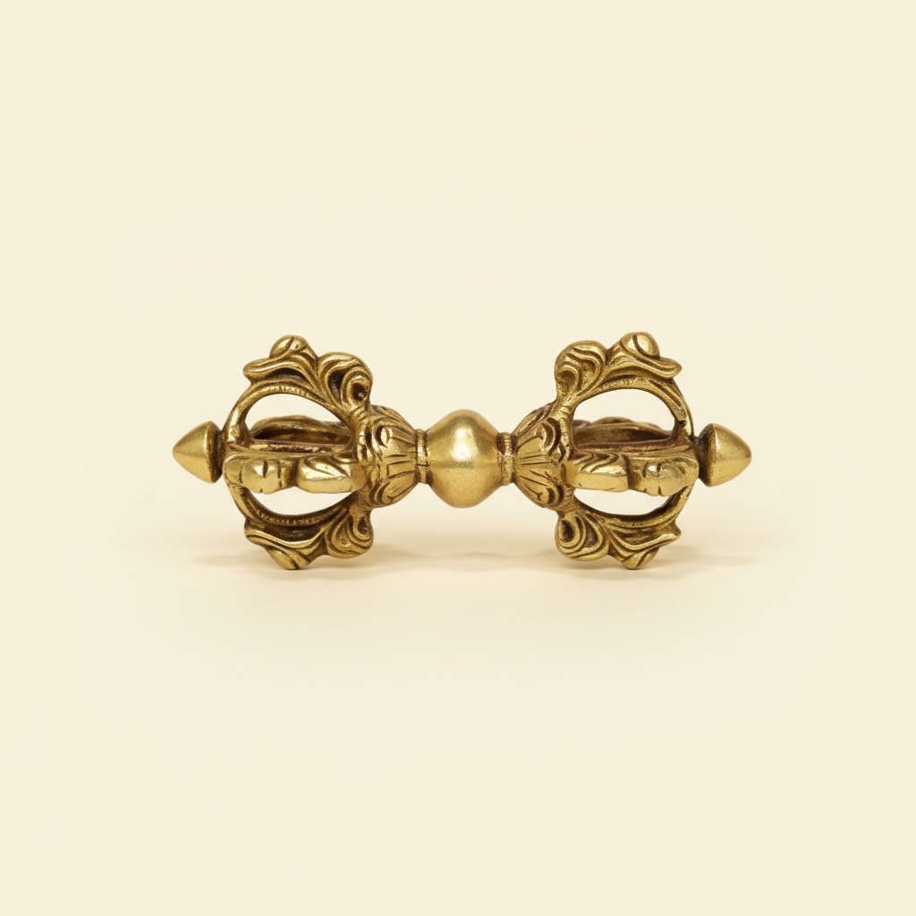 Front view of an ornate gold-tone Vajra Dorje on a warm ivory background
