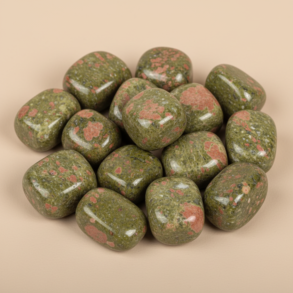 Close-up of smooth polished Unakite tumble stones with natural green and pink mottling