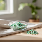 Green Chrysoprase crystal chips displayed in a glass dish in a calm home setting