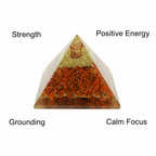 Red Jasper crystal pyramid with strength, grounding, positive energy and calm focus labels