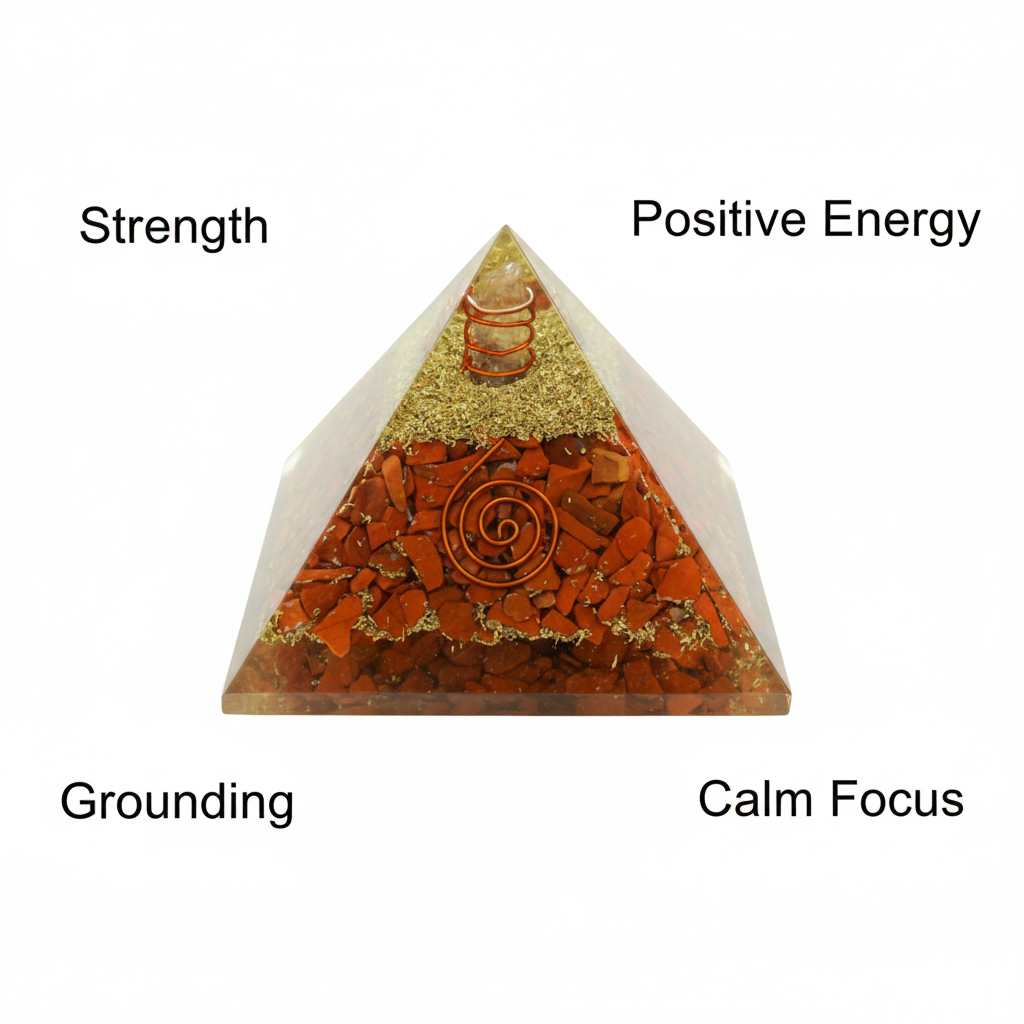 Red Jasper crystal pyramid with strength, grounding, positive energy and calm focus labels