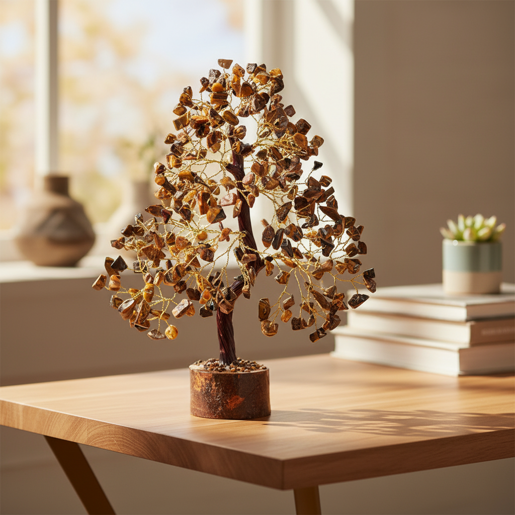 Tiger Eye crystal tree displayed on a wooden table in a warm elegant workspace