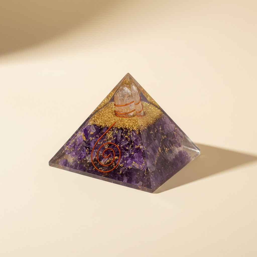 Purple amethyst crystal pyramid on a warm ivory background