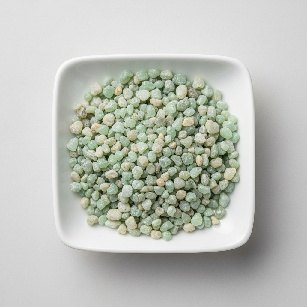 Prehnite crystal chips arranged in a white ceramic dish