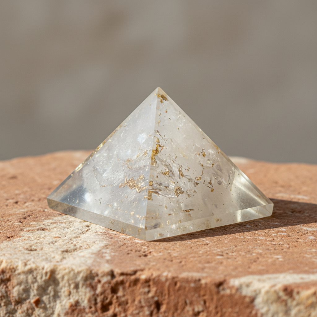 White translucent selenite pyramid on a warm terracotta and cream stone surface