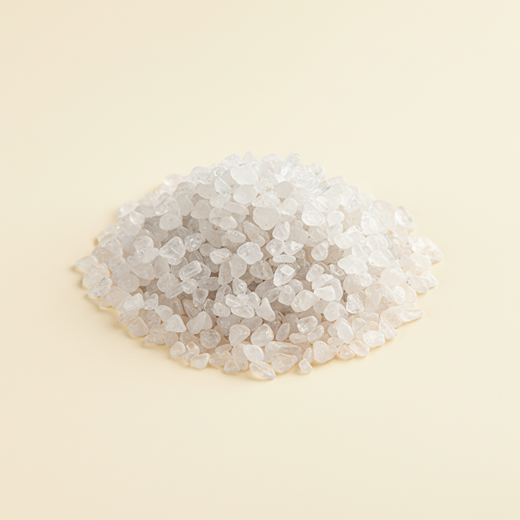 Natural translucent Clear Quartz crystal chips arranged on an ivory background