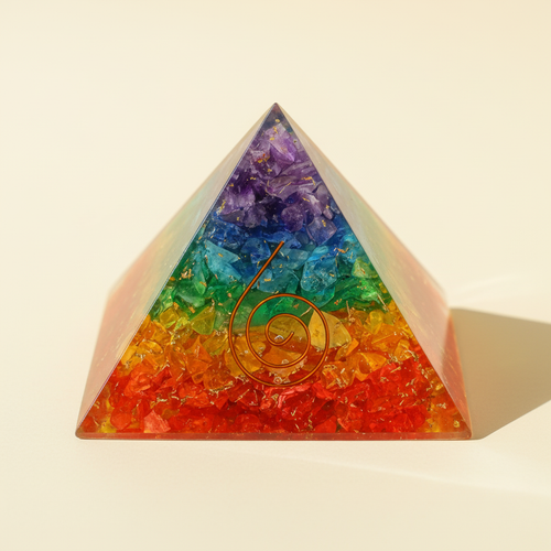 Colorful 7 Chakra crystal coil pyramid with central coil detail on a warm ivory background