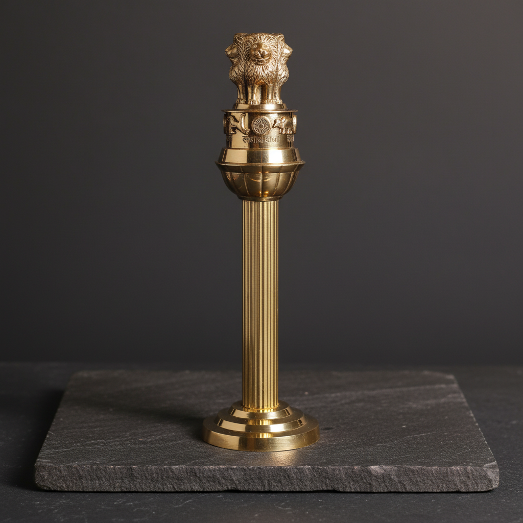 Tall brass Ashoka Pillar-inspired decor displayed on dark natural stone