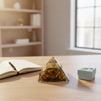 Tiger Eye crystal pyramid displayed on a study or home-office table beside a notebook and gift box