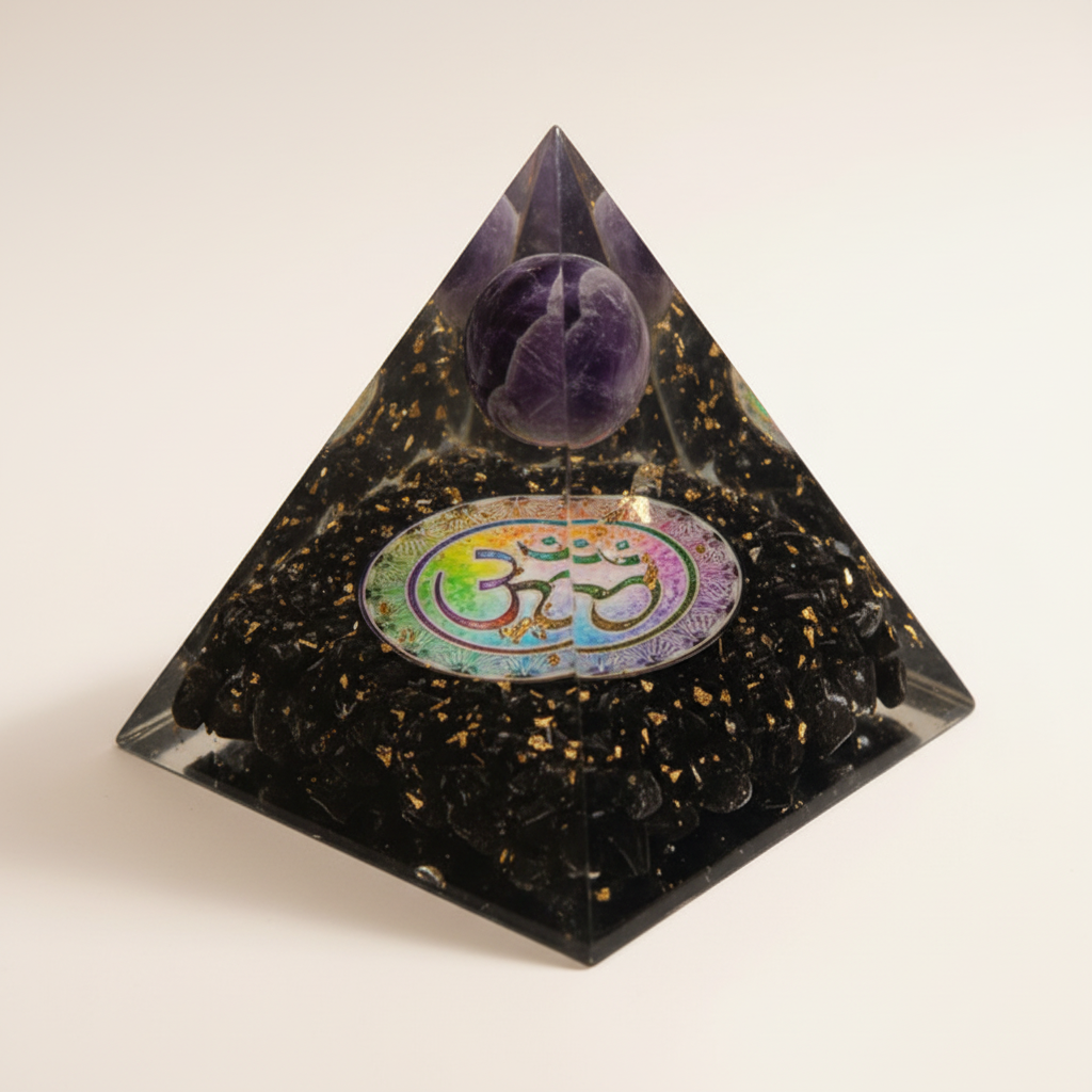 Elevated view of a black tourmaline crystal pyramid with gold flecks and purple crystal