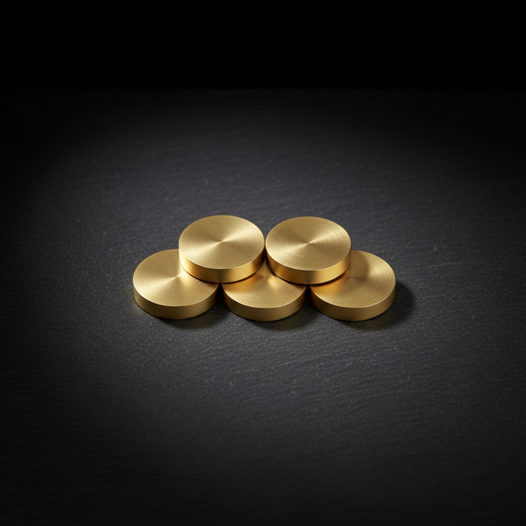 Compact cluster of round gold-toned pieces on a dark stone surface with a black studio background
