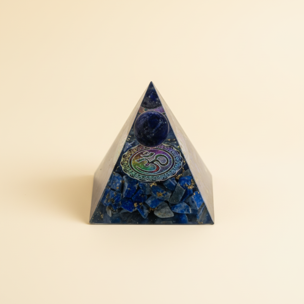 Deep blue Lapis Lazuli crystal pyramid with a central circular motif on a warm ivory background
