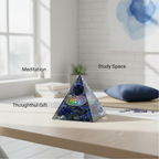 Lapis Lazuli crystal pyramid displayed in a study and meditation setting