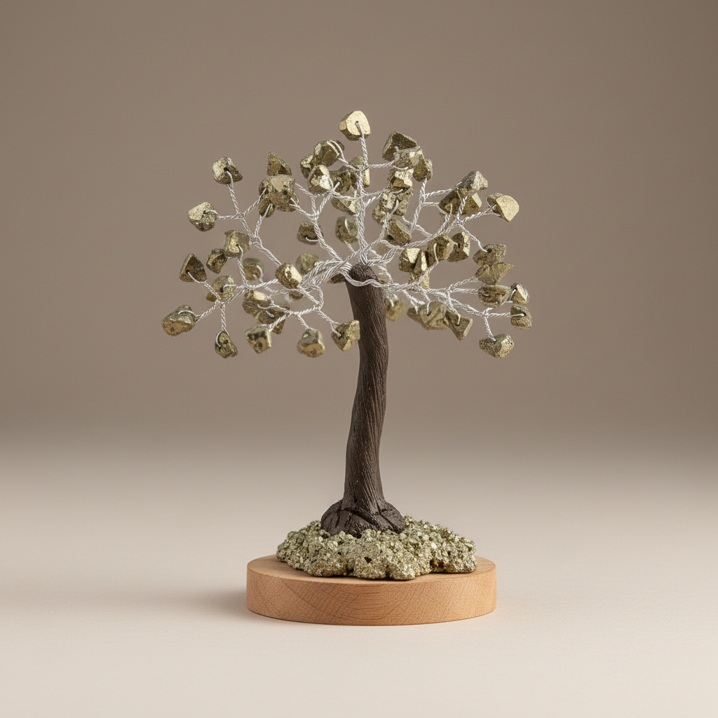 Pyrite crystal tree with metallic chips, dark branches, and a wood base on a neutral background