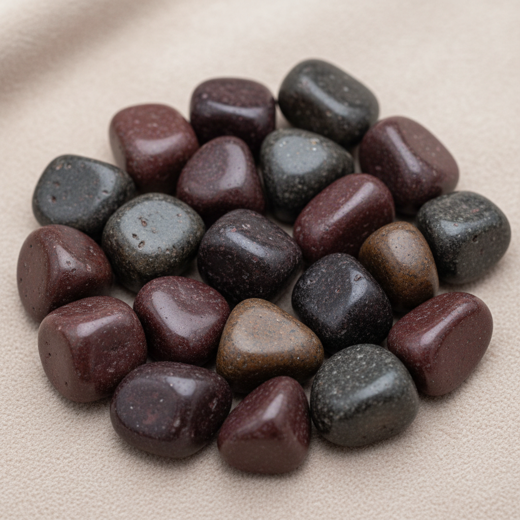 Close-up of smooth polished Red Agate tumble stones with deep red and smoky banding
