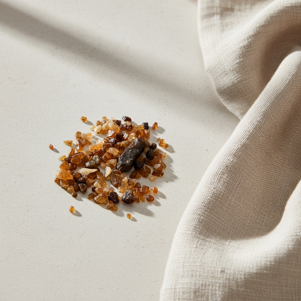 Hessonite crystal chips arranged with neutral linen décor