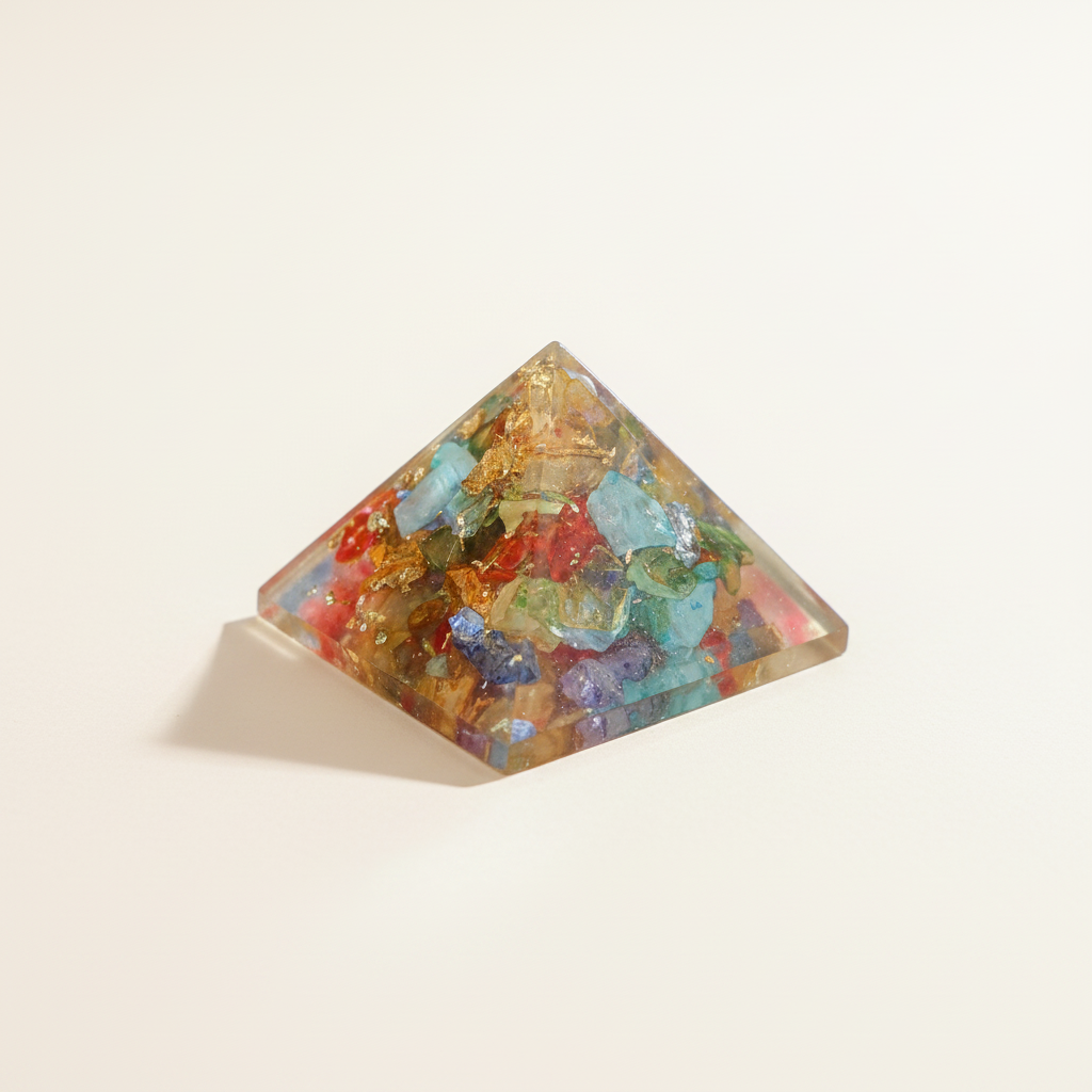 Elevated view of a multicolour 7 Chakra crystal pyramid with translucent facets