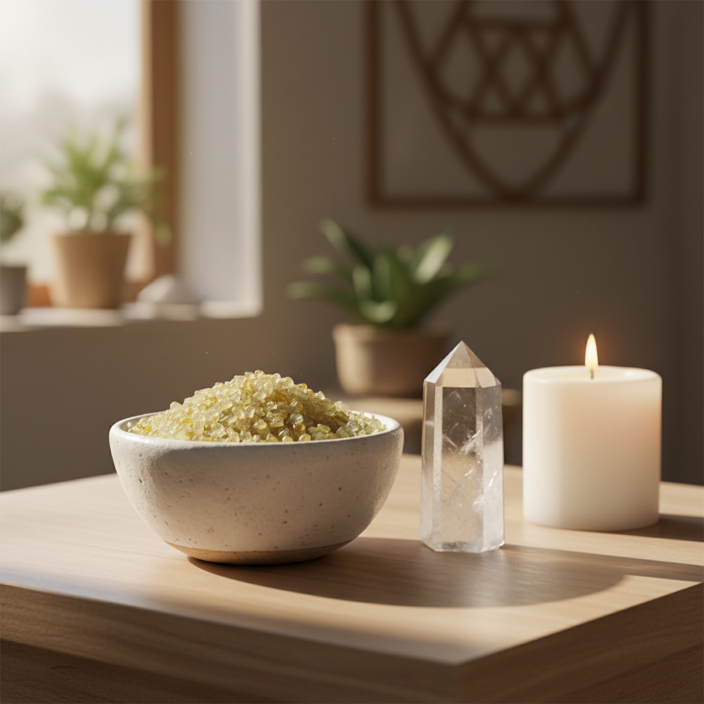 Yellow Sapphire Crystal Chips in a ceramic bowl in a calm spiritual home setting