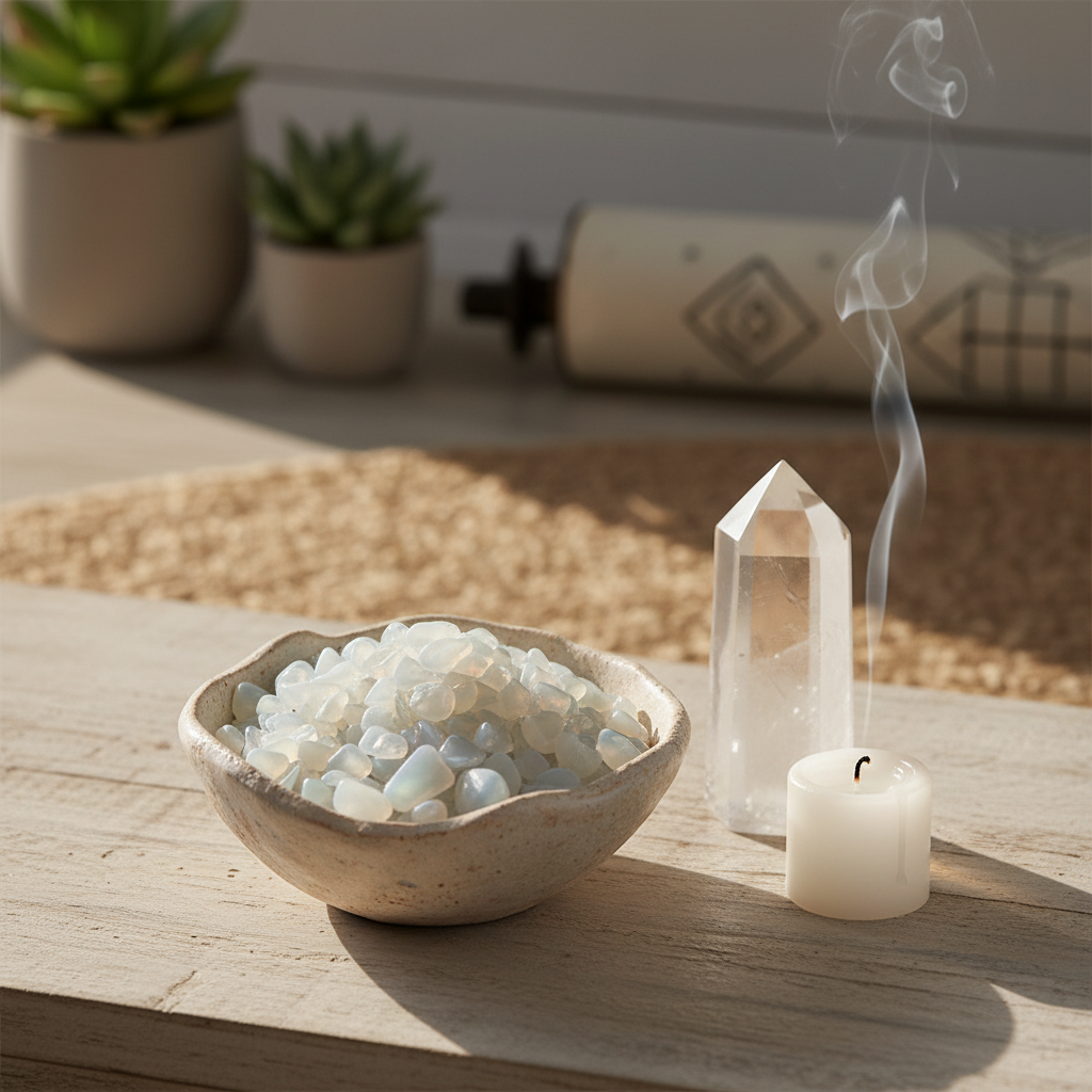 Opalite Crystal Chips in a ceramic bowl in a calm spiritual home setting