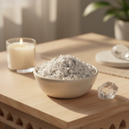 Howlite Crystal Chips in a ceramic bowl in a calm spiritual home setting