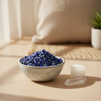 Lapis Lazuli Crystal Chips in a ceramic bowl in a calm spiritual home setting