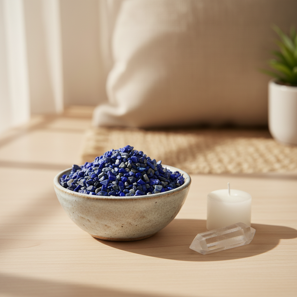 Lapis Lazuli Crystal Chips in a ceramic bowl in a calm spiritual home setting