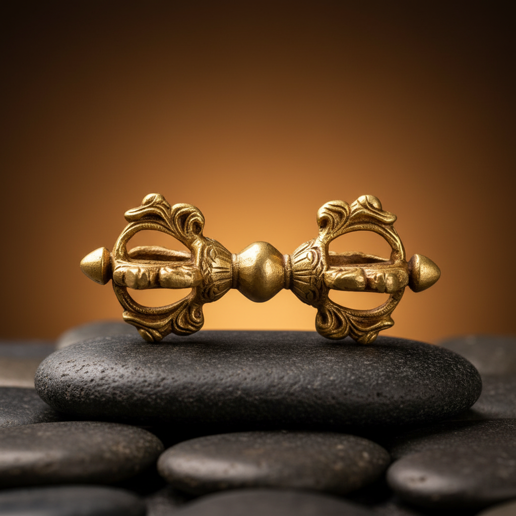 Gold-tone Vajra Dorje displayed on dark stone with warm spiritual lighting