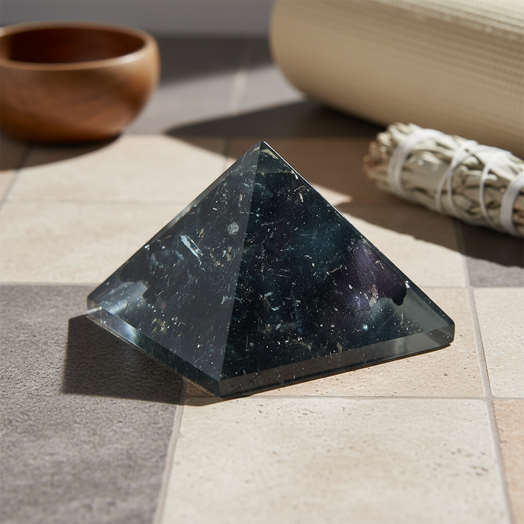 Black Tourmaline crystal pyramid displayed in a refined neutral setting