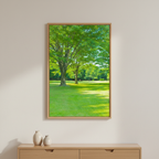 GREEN-LUSH green park landscape poster displayed in a bright neutral interior
