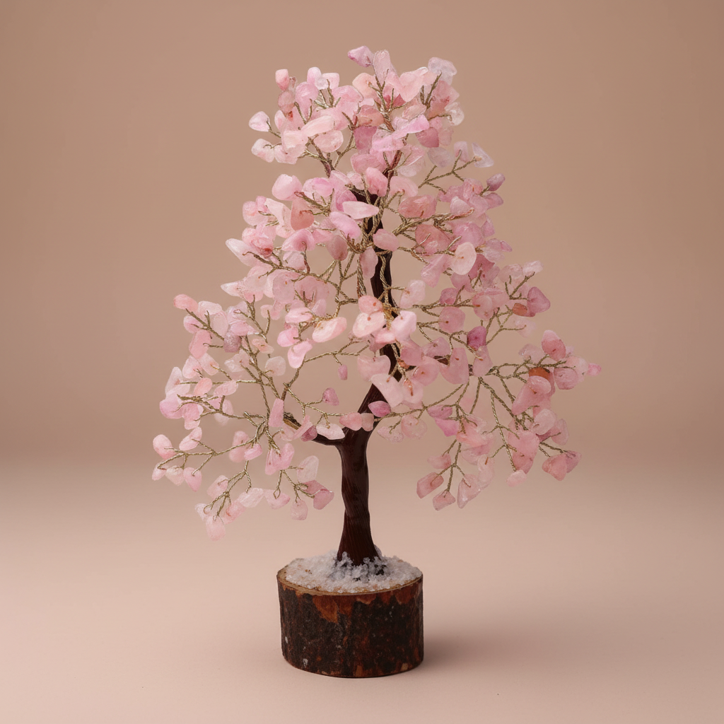 Close three-quarter view of a Rose Quartz crystal tree with pink chips and fine branches