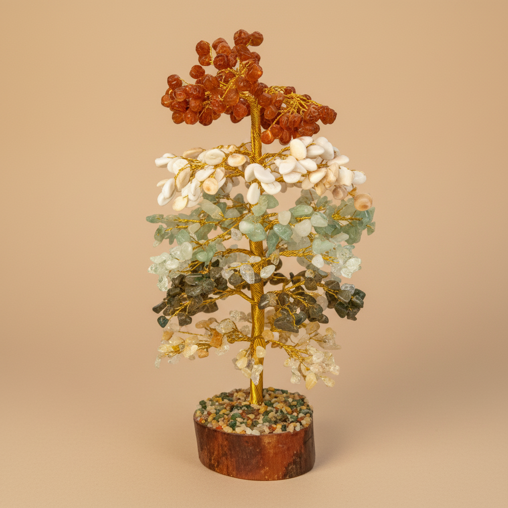 Close three-quarter view of a Multi-Color crystal tree with layered colourful stones and golden trunk