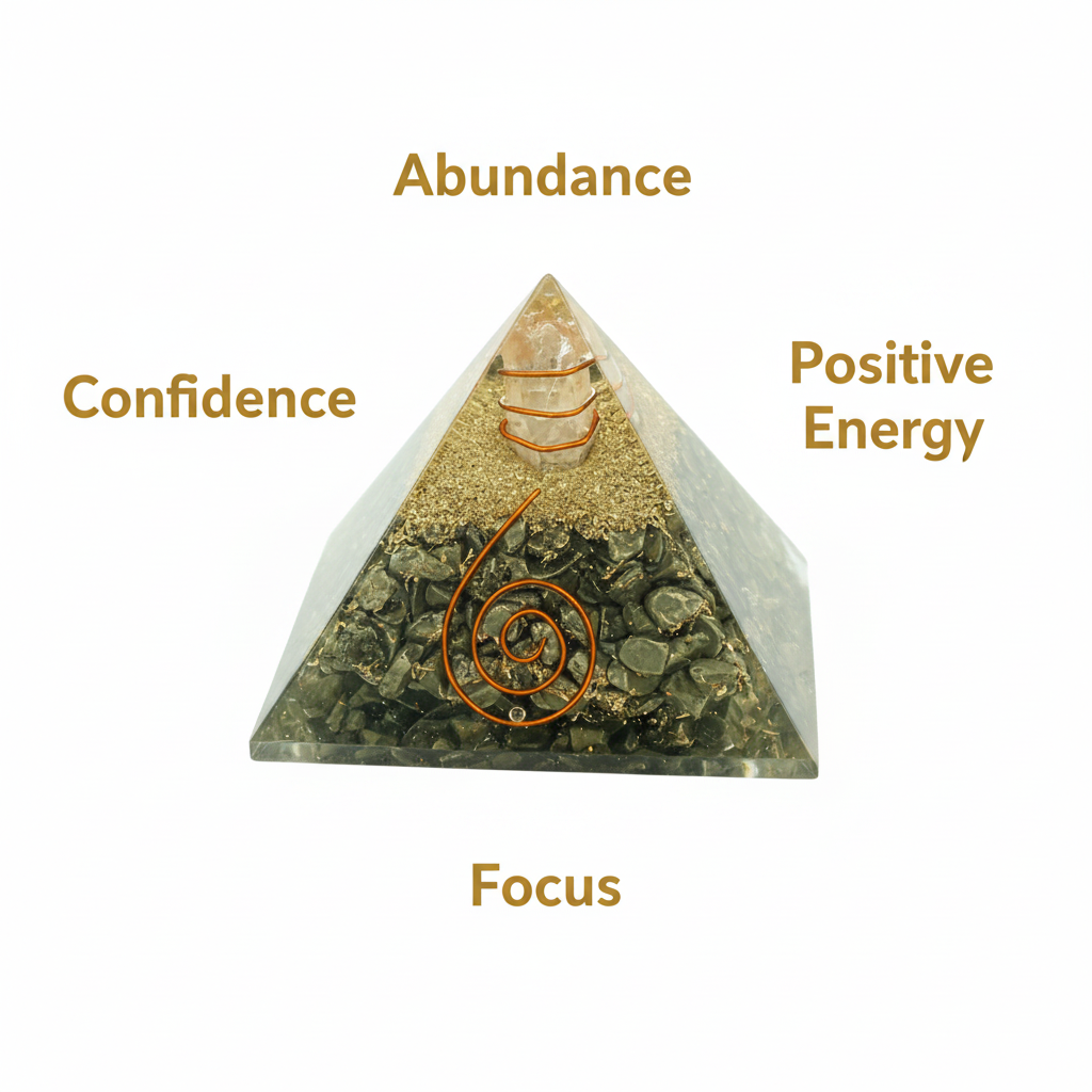 Golden Pyrite crystal pyramid with abundance, confidence, positive energy and focus labels