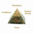 Golden Pyrite crystal pyramid with abundance, confidence, positive energy and focus labels