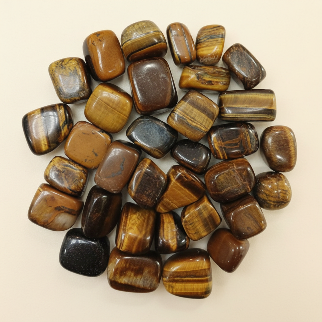 Polished Tiger's Eye tumble stones arranged on an ivory studio background