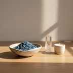 Kyanite Crystal Chips in a ceramic bowl in a calm spiritual home setting