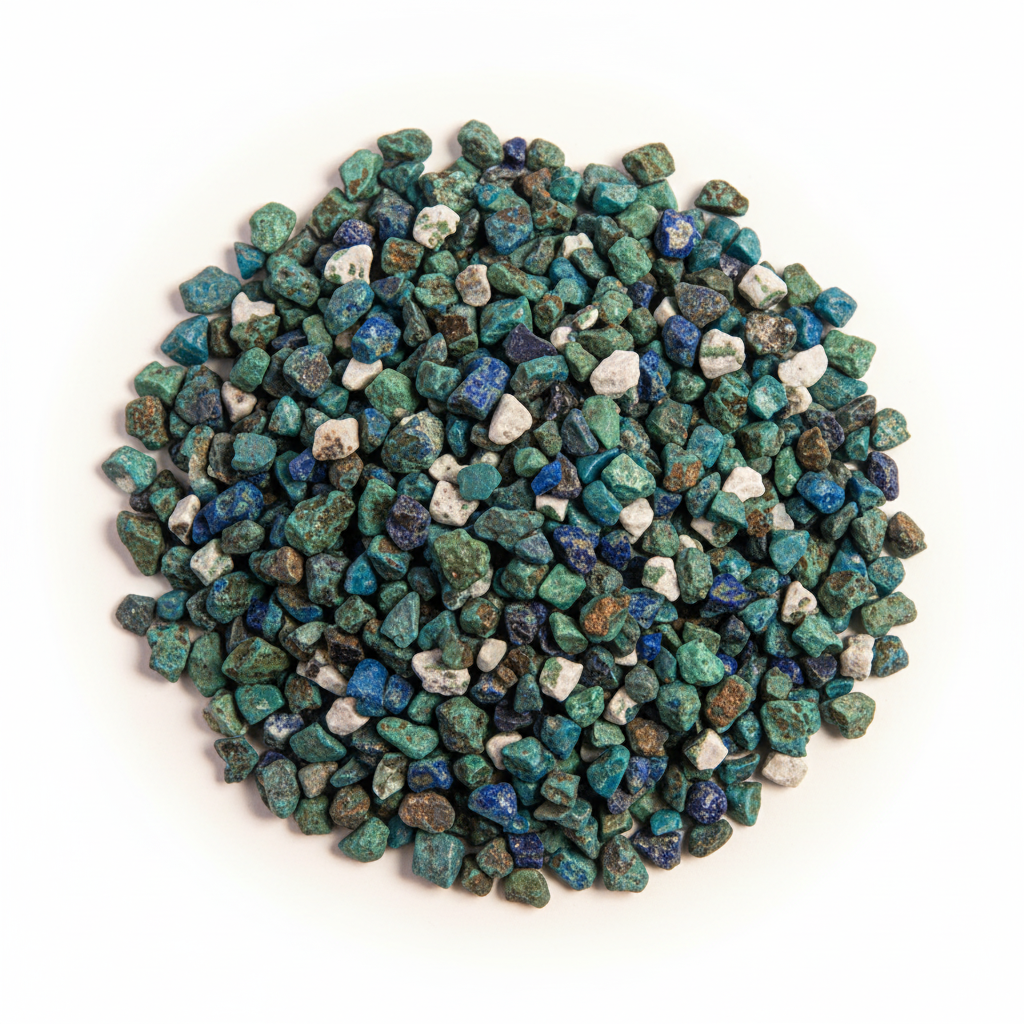 Close-up pile of Azurite crystal chips on a light background