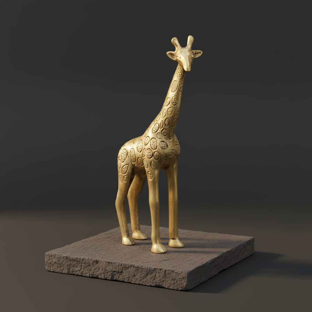 Light gold-brass giraffe figurine displayed on dark natural stone
