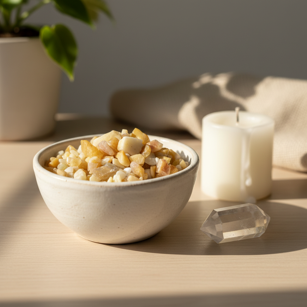 Yellow Jade Crystal Chips in a ceramic bowl in a calm spiritual home setting