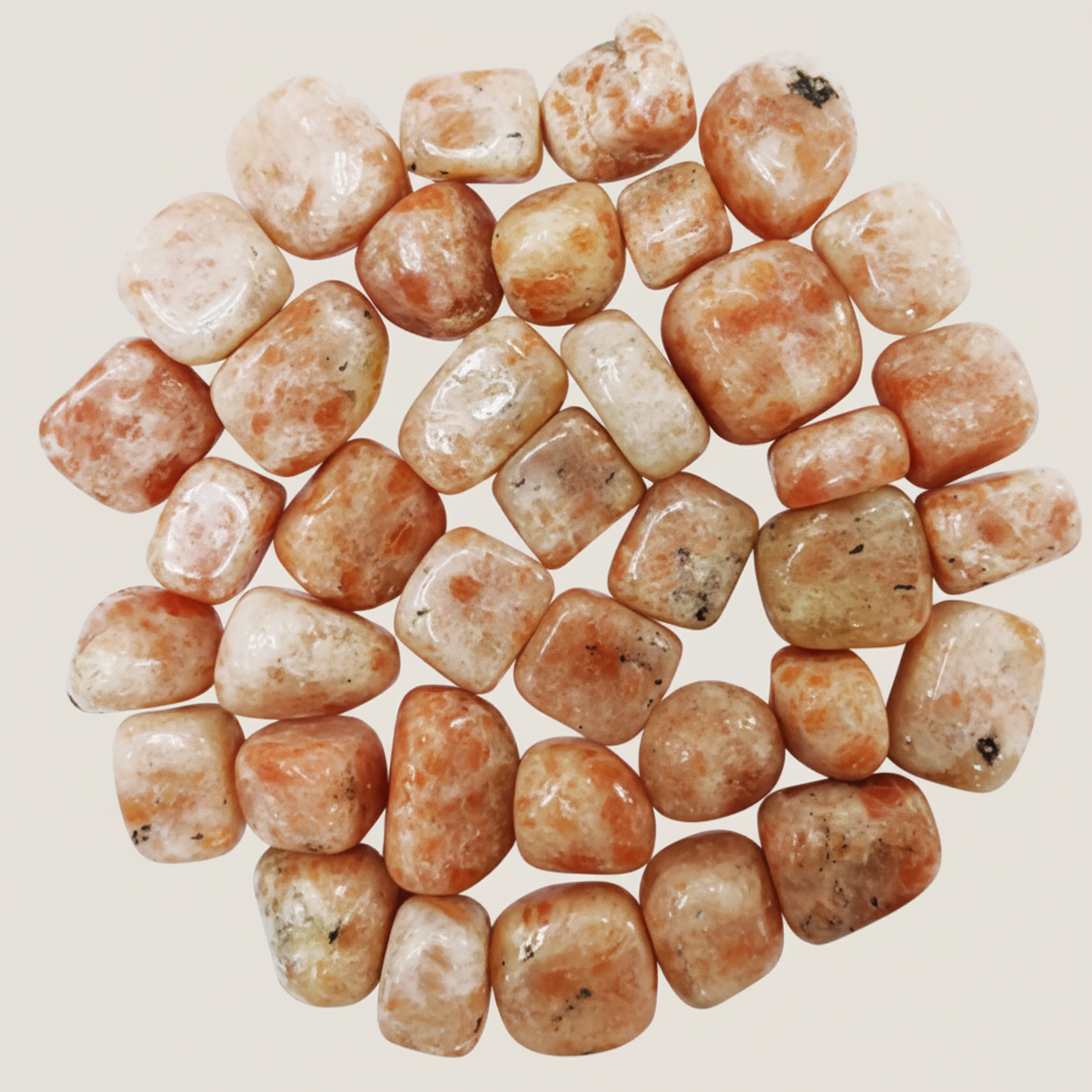 Close-up of polished Sunstone tumble stones on a light neutral beige background