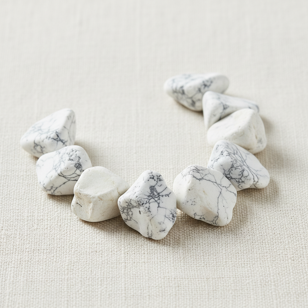 Close-up of rough white and ivory Howlite Crystal Chips with gray veining
